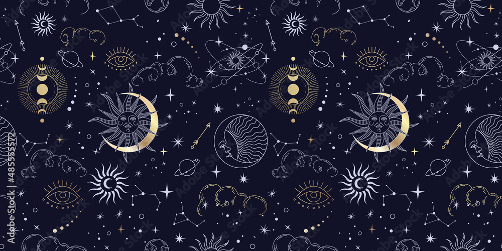 Vector seamless pattern with celestial mystic esoteric magic elements constellations and stars. Alchemy tattoo template. Vector