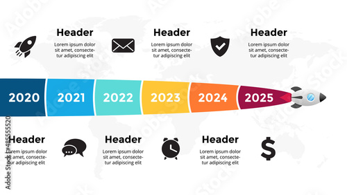 Startup vector infographic. Rocket launch. Presentation slide template. Spaceship fly. Business success diagram chart. Timeline roadmap 6 options, steps. Creative project concept. World map.