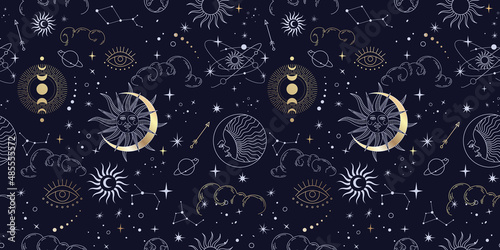 Vector seamless pattern with celestial mystic esoteric magic elements constellations and stars. Alchemy tattoo template. Vector