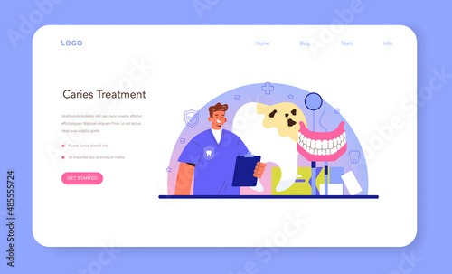 Dentist web banner or landing page. Dental doctor in uniform treating