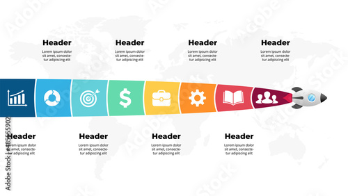 Startup vector infographic. Rocket launch. Presentation slide template. Spaceship fly. Business success diagram chart. Timeline roadmap 8 options, steps. Creative project concept. World map.
