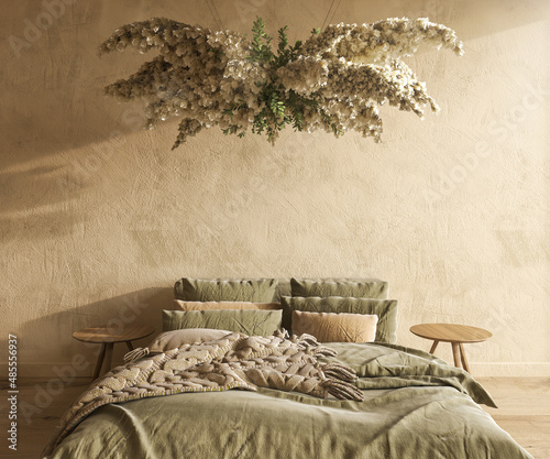 Farmhouse interior bedroom mockup. Bed with green blanket and chandelier with dry flowers. 3d render illustration rustic style on empty beige wall.