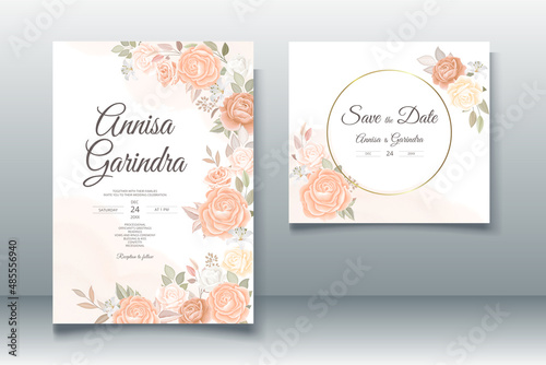  Wedding invitation card template set with beautiful orange floral leaves Premium Vector
