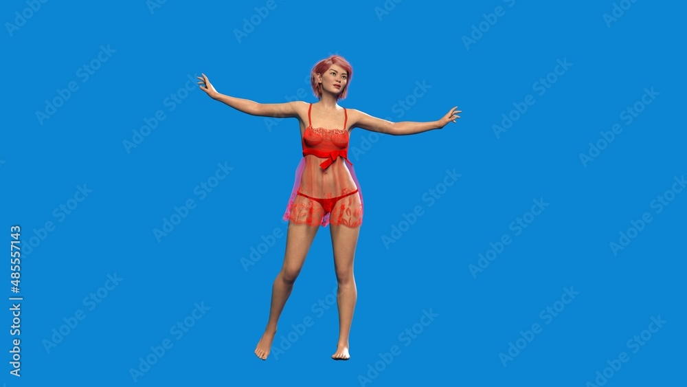gorgeous adult girl in red nightgown and red hair on blue background, 3D illustration gorgeous adult girl in red nightgown and red hair on blue background, 3D illustration
