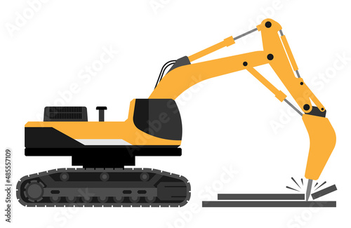 yellow black Heavy road repair tractor machine for construction with demolition jackhammer in flat. Industrial machinery and equipment. Vector Isolated on white back