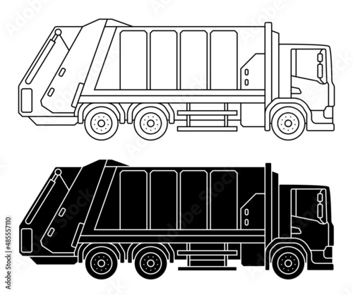 Children linear drawing for coloring book. Heavy city garbage truck in linear. Industrial machinery and equipment. Isolated vector on white back