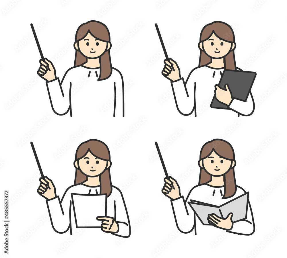 女性社員が指し棒で説明するイラスト素材 女性社員が指し棒で説明するイラスト素材