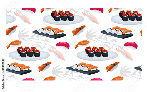 Pattern with Japanese food. Sushi sashimi on a black tray. Rolls with red caviar. Japanese cuisine in the restaurant. Seamless, textile. Flat style. Bamboo branch. Vector illustration.