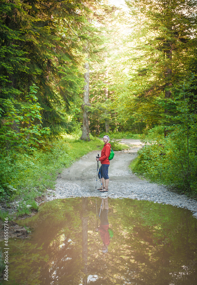 Woman hiker with sticks walking in forest Woman hiker with sticks walking in forest