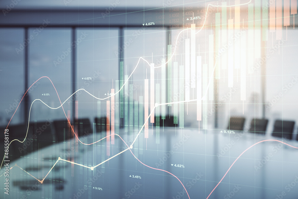 Double exposure of virtual creative financial diagram on a modern boardroom background, banking and accounting concept