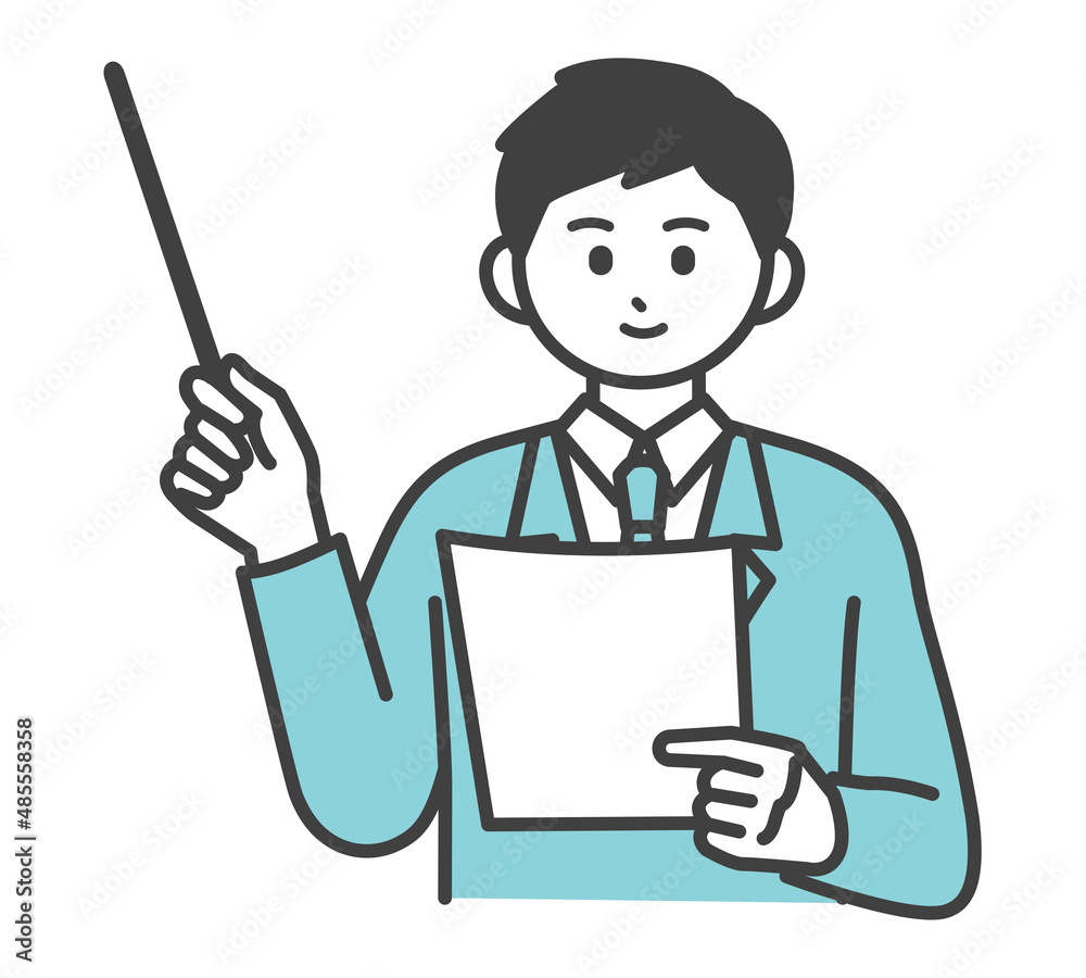 男性社員が指し棒で説明するイラスト素材 男性社員が指し棒で説明するイラスト素材