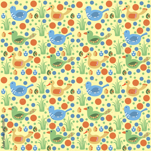 Easter pattern with birds and eggs in pastel colors.