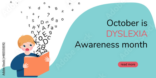 October is Dyslexia Awareness Month. Bemused boy looking at letters flying out of a book. Illustration for banner, landing page or poster. 
