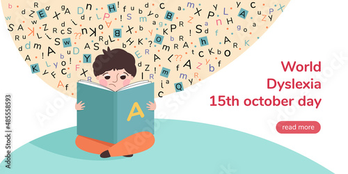 Boy with difficulty in reading. October is Dyslexia Awareness Month. Illustration for banner, landing page or poster.