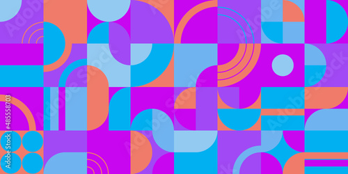 Geometric pattern design in Bauhaus or Mid-century style. Abstract seamless mosaic background with circles and squares in neon colors. Banner or cover for magasine, broshure. Vector illustration