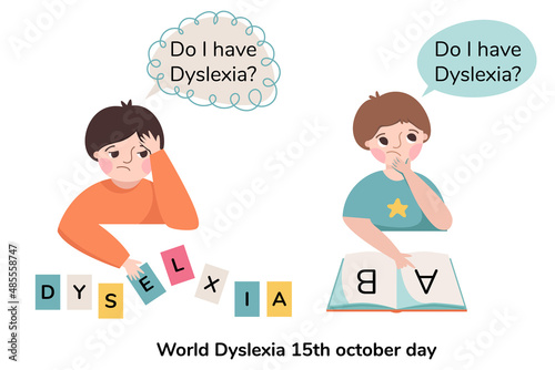 Dyslexia in the boy. Sad kid with dyslexia sitting at table. Boy with reading difficulties. Illustration isolated on white background.