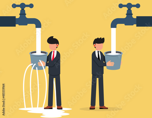 Contrast between business. Businessman and leaking bucket. Business Vector illustration.