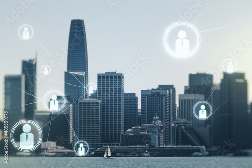 Abstract virtual social network concept on San Francisco skyline background. Multiexposure