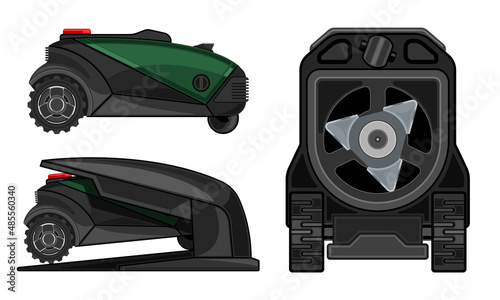 robotic lawn mower realistic cartoon isolated white background
