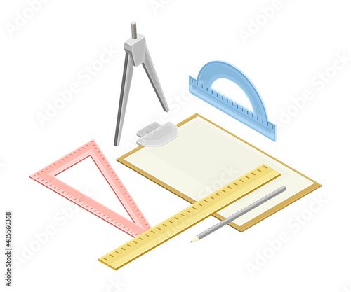Geometry school subject supplies. Triangle, ruler, protractor, compass tool isometric vector illustration