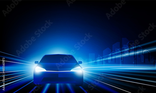 Abstract speed Business Start up launching product with Electric car and city concept Hitech communication concept innovation background,  vector design