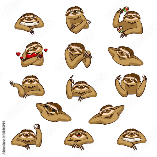 A set of different emotions of a funny cartoon sloth. Character design. Vector illustration.