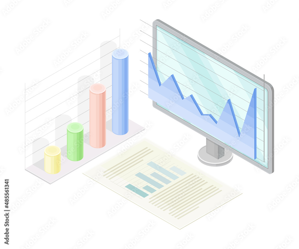 Data analytics information on computer screen isometric vector illustration Data analytics information on computer screen isometric vector illustration