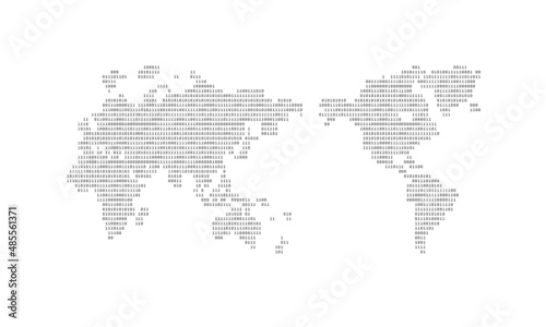 Stream of binary code numbers on the monitor are the computer matrix of world map. black and monochrome vector design