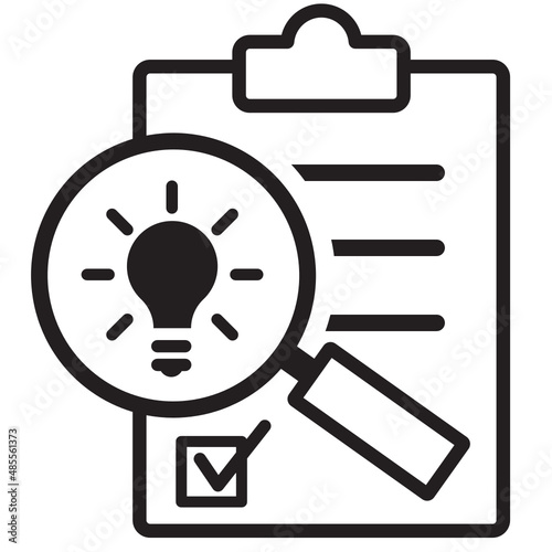 Idea evaluation icon. Paper on clipboard under magnifying glass