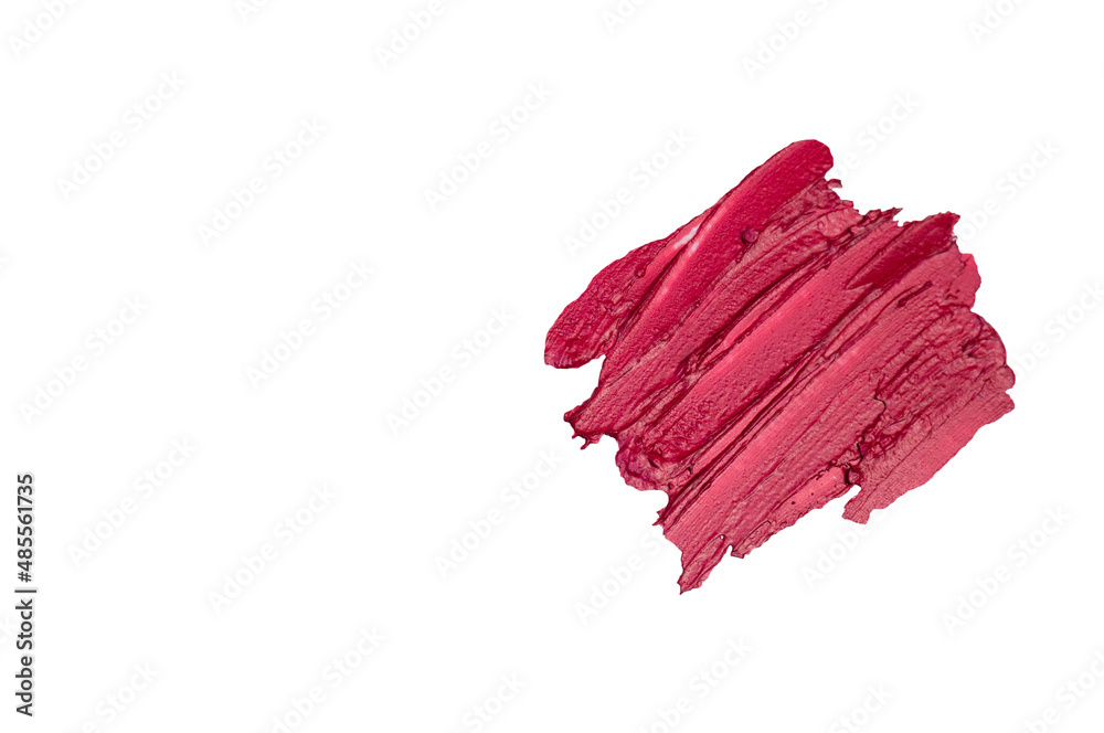 Smear of red, scarlet, lipstick on a white background