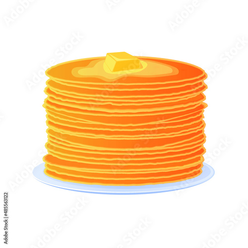 Thin pancakes stacked on a plate, with butter. Vector illustration, flat realistic cartoon design, isolated on white background, eps 10.