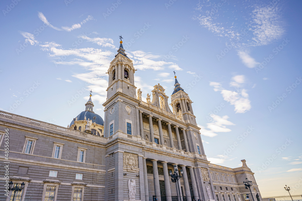 Almudena Cathedral in the city of Madrid during a sunny day with a clear sky
