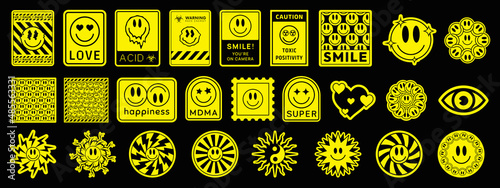 Collection of Trendy Smile Stickers. Set Of Cool Acid Style Badges. Rave Graphics. Emoticon patches. photo