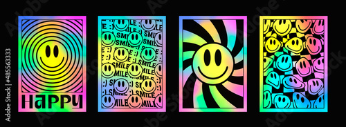 Set of Trendy Abstract Acid Style Posters. Cool Smile Psychedelic Placards. Rainbow Trippy Art.