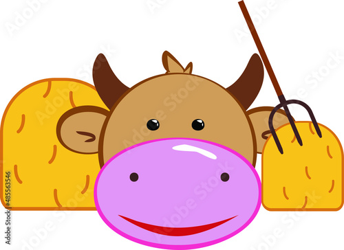 Cartoon cow icon with hay bale and pitchfork