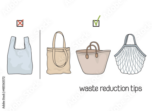 Waste reduction tips. Choice of reusable shopping bags instead of single use plastic bag. Bring your own bag concept. Zero waste lifestyle