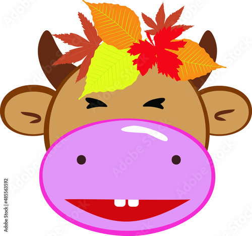 Cartoon cow with autumn leaves