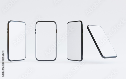 Smartphone mockup , Isolated of Three angles mobile phone with blank screen frame template on white background by 3d render.