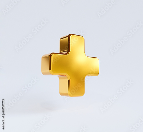 Isolate of Golden plus sign on white background for positive thinking mindset of personal development benefit and health insurance concept by 3d rendering.
