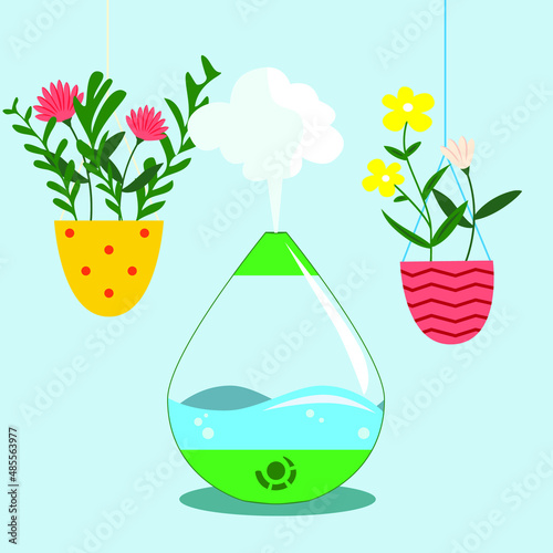 Air humidifier and flowers in pots