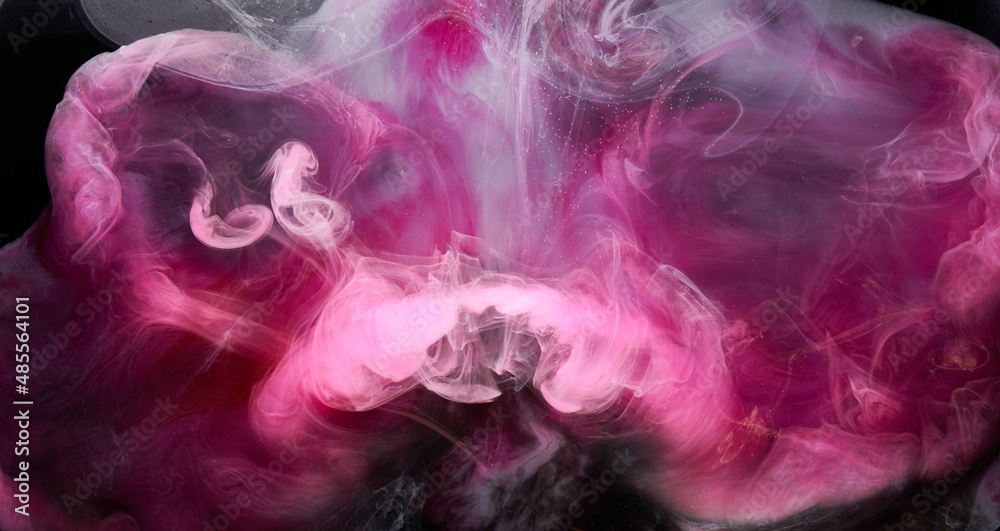 Pink smoke on black ink background, colorful fog, abstract swirling touch ocean sea, acrylic paint pigment underwater