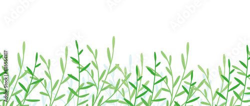 Banner template with green branches and leaves on a white background. Horizontal seamless border pattern with spring greens. Vector illustration