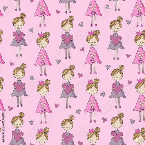 Little hand drawn girl and princess. Seamless pattern Good for wall paper, cover, wrapping paper, textle print, and other decoration.