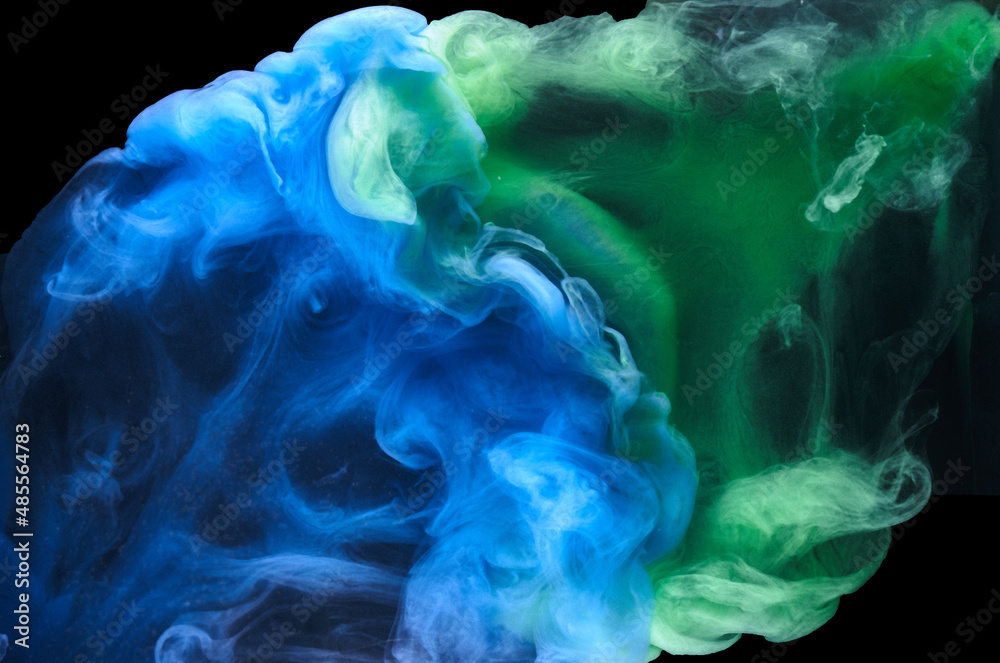 Fototapeta premium Blue green smoke on black ink background, colorful fog, abstract swirling ocean sea, acrylic paint pigment underwater