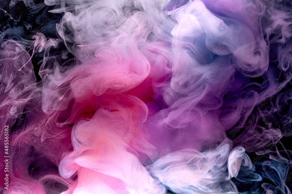 Fototapeta premium Purple smoke on black ink background, colorful fog, abstract swirling purple ocean sea, acrylic paint pigment underwater