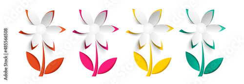 Set of spring colorful flowers isolated on white background.3D flower with leaves.Collection of vector paper cut flowers.Pink,yellow,gren,orange flowers.