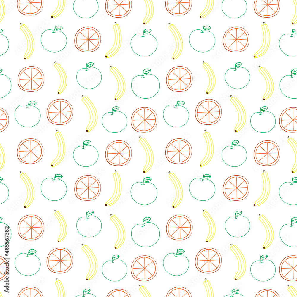 Fruit seamless pattern with orange banana apple lines