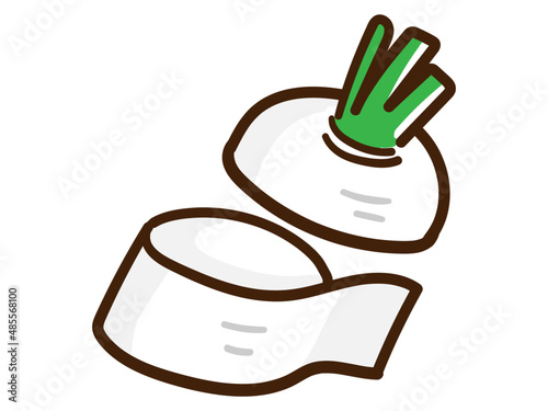 カットされて皮を剥かれる大根のかわいい手描き風イラスト