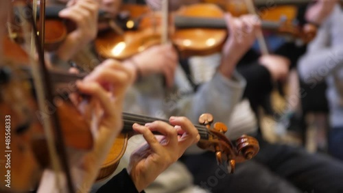 Close-up of the musicians playing violins at the orchestra concert. Musicians playing violins at the orchestra concert