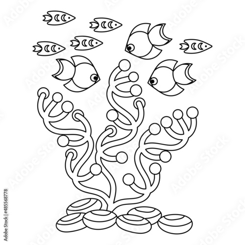 Coloring book page for children , Under water, Marine vector motif . Doodle of the underwater world